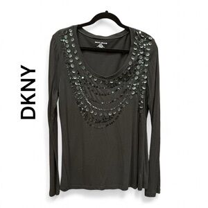 DKNY JEANS Black Sequin Trimmed Size L Top Blouse NWOT